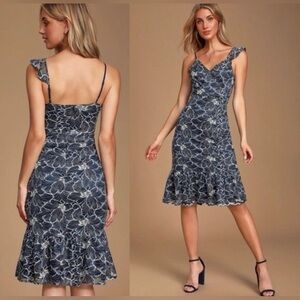 Lulus Fleur Allured Navy Blue Lace Ruffled Midi Dress SMALL